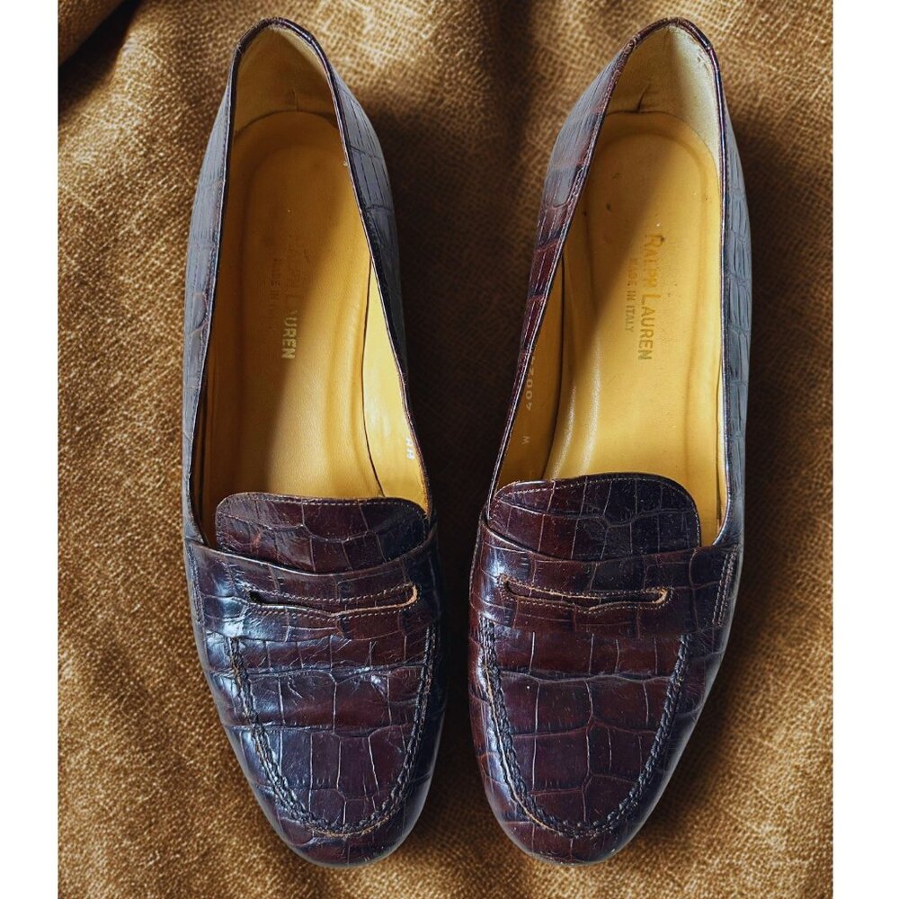 Vintage Ralph Lauren Brown Leather Croc Loafers Size 9